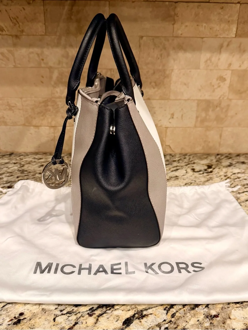 Michael Kors Sutton Black, White & Light Gray Colorblock Satchel